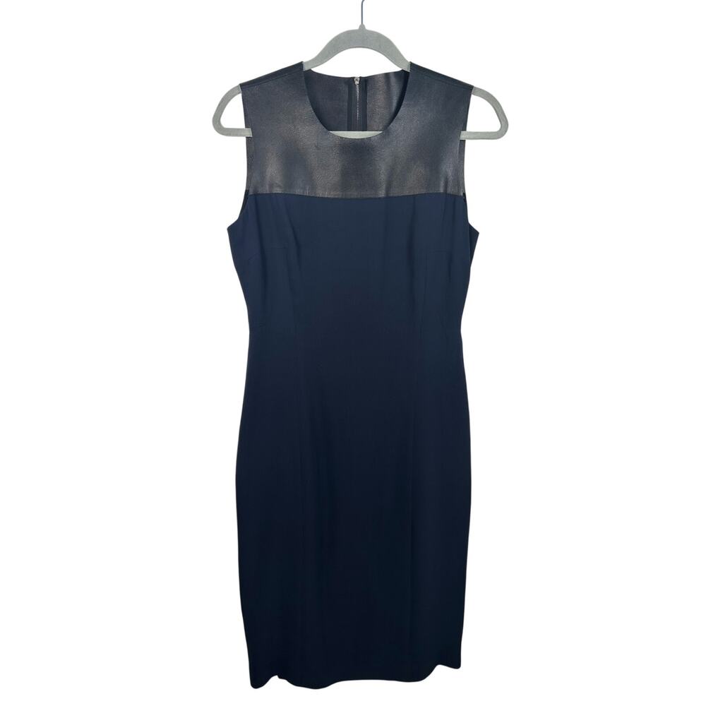 Burberry London Sheath Dress Women 8 Navy Blue EUC Silk Lamb Leather Yoke Italy